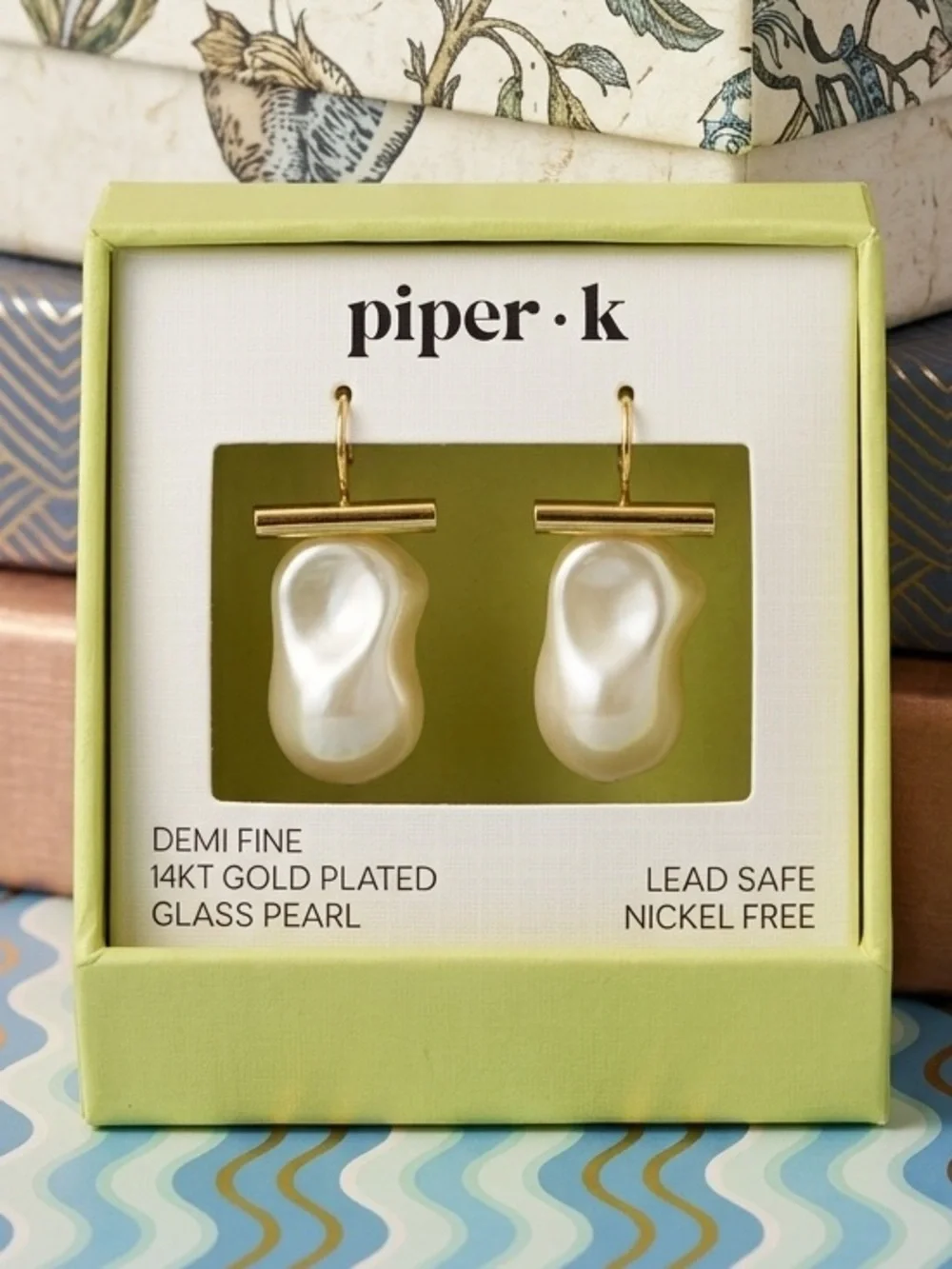 piper k 14KT Gold Plated Bar Glass‎ Pearl Drop Earrings in Pearl White NIB